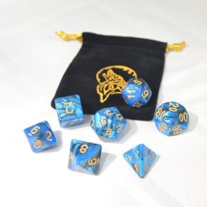 blue and black dice with howling wolf dice bag