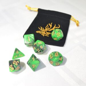 green and black dice with stag bag