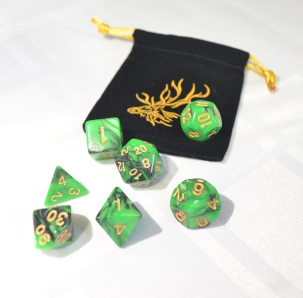 green and black dice with stag bag