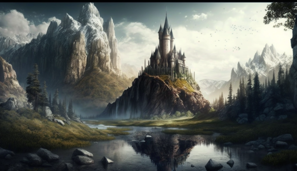 A.I. Landscape of a valley mountains and a castle
